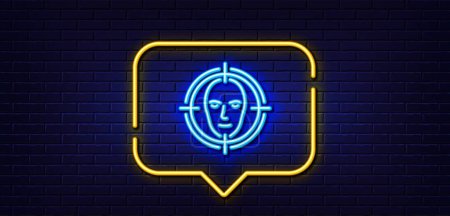 Illustration for Neon light speech bubble. Face detect target line icon. Head recognition sign. Identification symbol. Neon light background. Face detect glow line. Brick wall banner. Vector - Royalty Free Image