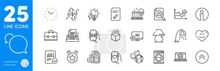 Illustration for Outline icons set. Bill accounting, E-mail and Electricity bulb icons. Seo adblock, Washing machine, Portfolio web elements. Seo analysis, Mail app, Ranking star signs. Search document. Vector - Royalty Free Image