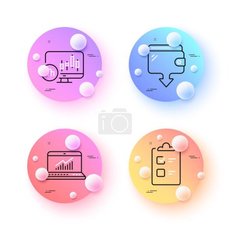 Illustration for Candlestick chart, Wallet and Online statistics minimal line icons. 3d spheres or balls buttons. Checklist icons. For web, application, printing. Report analysis, Send money, Computer data. Vector - Royalty Free Image