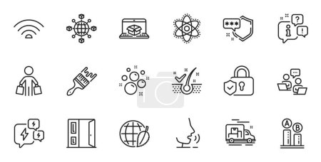 Illustration for Outline set of Ab testing, Clean bubbles and Shield line icons for web application. Talk, information, delivery truck outline icon. Include Brush, Open door, Chemistry atom icons. Vector - Royalty Free Image