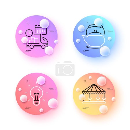 Illustration for Carousels, Teapot and Idea minimal line icons. 3d spheres or balls buttons. Delivery icons. For web, application, printing. Attraction park, Tea kettle, Light bulb. Cargo schedule. Vector - Royalty Free Image