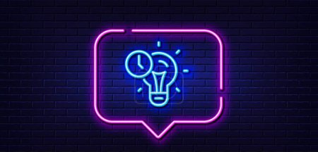 Illustration for Neon light speech bubble. Time management line icon. Idea lightbulb sign. Clock symbol. Neon light background. Time management glow line. Brick wall banner. Vector - Royalty Free Image