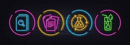 Illustration for Documents, Search files and Chemistry experiment minimal line icons. Neon laser 3d lights. Water glass icons. For web, application, printing. Office file, Magnifying glass, Laboratory flask. Vector - Royalty Free Image