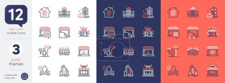 Illustration for Set of Shop, Arena stadium and Fingerprint access line icons. Include Distribution, Skyscraper buildings, Painter icons. Delivery truck, Market seller, Food market web elements. Vector - Royalty Free Image