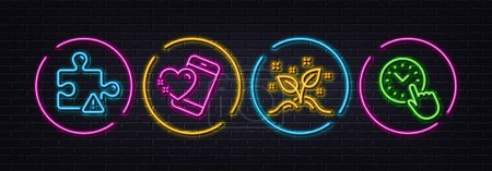 Illustration for Heart, Startup concept and Puzzle minimal line icons. Neon laser 3d lights. Time management icons. For web, application, printing. Love call, Launch project, Jigsaw game. Office clock. Vector - Royalty Free Image