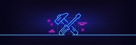Illustration for Neon light glow effect. Hammer and screwdriver line icon. Repair service sign. Fix instruments symbol. 3d line neon glow icon. Brick wall banner. Hammer tool outline. Vector - Royalty Free Image