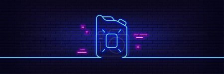 Illustration for Neon light glow effect. Canister of oil line icon. Gasoline or diesel fuel sign. Petroleum power energy symbol. 3d line neon glow icon. Brick wall banner. Canister oil outline. Vector - Royalty Free Image