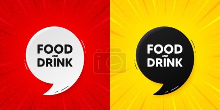 Illustration for Food and Drink tag. Flash offer banner with quote. Kitchen food offer. Restaurant menu. Starburst beam banner. Food and Drink speech bubble. Vector - Royalty Free Image