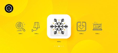 Illustration for Sound check, Wall lamp and Search statistics minimal line icons. Yellow abstract background. Air conditioning, Load document icons. For web, application, printing. Vector - Royalty Free Image