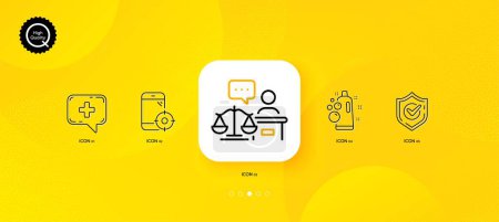 Illustration for Seo phone, Medical chat and Court judge minimal line icons. Yellow abstract background. Confirmed, Clean bubbles icons. For web, application, printing. Vector - Royalty Free Image