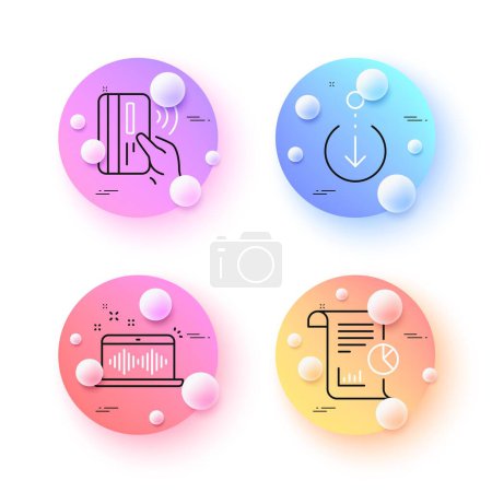 Illustration for Scroll down, Report and Contactless payment minimal line icons. 3d spheres or balls buttons. Music making icons. For web, application, printing. Swipe screen, Work analysis, Bank money. Dj app. Vector - Royalty Free Image