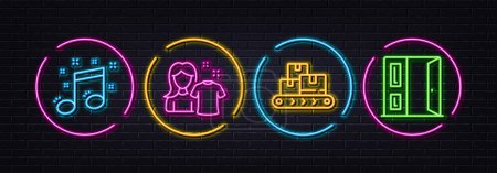 Illustration for Musical note, Wholesale goods and Clean shirt minimal line icons. Neon laser 3d lights. Open door icons. For web, application, printing. Music, Warehouse belt, Laundry t-shirt. Entrance. Vector - Royalty Free Image