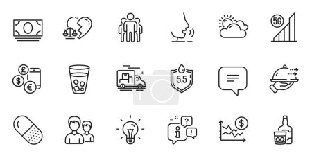 Illustration for Outline set of Whiskey glass, Cash money and 5g wifi line icons for web application. Talk, information, delivery truck outline icon. Include Divorce lawyer, Capsule pill, Dollar rate icons. Vector - Royalty Free Image