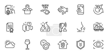 Illustration for Outline set of Shield, Bordeaux glass and Sunny weather line icons for web application. Talk, information, delivery truck outline icon. Include Certificate, Fire energy, Eye detect icons. Vector - Royalty Free Image