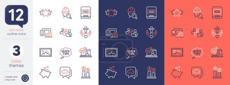 Illustration for Set of Ab testing, Teamwork and Piggy bank line icons. Include Online chemistry, Ssd, Weather forecast icons. Volunteer, Star, Inspect web elements. Photo, Card, Quick tips. Test chart. Vector - Royalty Free Image
