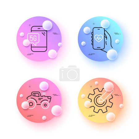Illustration for Tractor, 5g phone and Cogwheel minimal line icons. 3d spheres or balls buttons. Health app icons. For web, application, printing. Farm transport, Wifi internet, Edit settings. Vector - Royalty Free Image