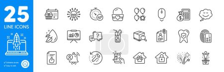 Illustration for Outline icons set. Interview documents, User notification and Cyber attack icons. Presentation, Fast verification , Dental insurance web elements. Pet shelter, Recovery tool. Vector - Royalty Free Image