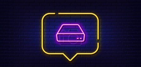 Illustration for Neon light speech bubble. Mini pc line icon. Small computer device sign. Neon light background. Mini pc glow line. Brick wall banner. Vector - Royalty Free Image