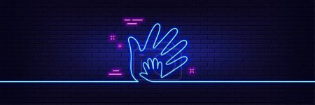 Illustration for Neon light glow effect. Hand line icon. Social responsibility sign. Honesty, collaboration symbol. 3d line neon glow icon. Brick wall banner. Social responsibility outline. Vector - Royalty Free Image