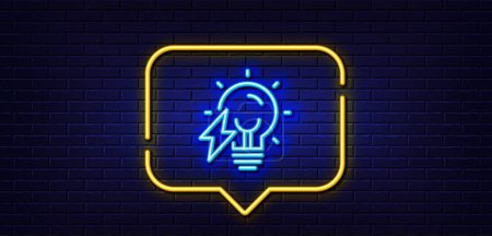Illustration for Neon light speech bubble. Electricity bulb line icon. Energy type for lamp sign. Lightning bolt symbol. Neon light background. Electricity bulb glow line. Brick wall banner. Vector - Royalty Free Image