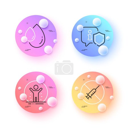 Illustration for Shield, Recovered person and No vaccine minimal line icons. 3d spheres or balls buttons. Oil drop icons. For web, application, printing. Safe secure, Quarantine, Stop vaccination. Serum. Vector - Royalty Free Image