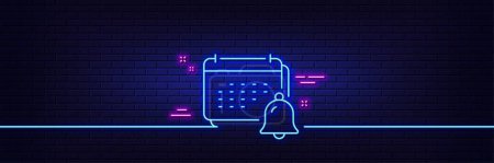 Illustration for Neon light glow effect. Notification bell line icon. Calendar sign. Event reminder symbol. 3d line neon glow icon. Brick wall banner. Notification outline. Vector - Royalty Free Image