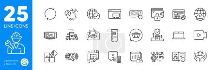 Illustration for Outline icons set. Web settings, Augmented reality and Full rotation icons. World statistics, Video camera, Image carousel web elements. Global engineering, Coins, 5g wifi signs. Ranking. Vector - Royalty Free Image