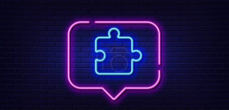 Illustration for Neon light speech bubble. Puzzle piece line icon. Jigsaw game shape sign. Business strategy element. Neon light background. Puzzle glow line. Brick wall banner. Vector - Royalty Free Image