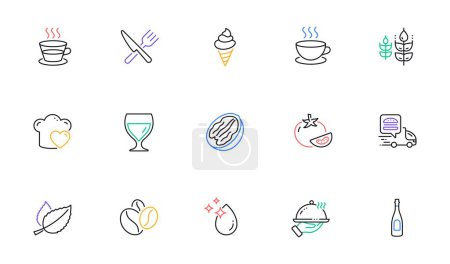 Illustration for Coffee cup, Food delivery and Ice cream line icons for website, printing. Collection of Tomato, Pecan nut, Champagne icons. Cappuccino, Gluten free, Mint leaves web elements. Vector - Royalty Free Image