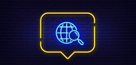 Illustration for Neon light speech bubble. Web search line icon. Find internet results sign. Neon light background. Web search glow line. Brick wall banner. Vector - Royalty Free Image