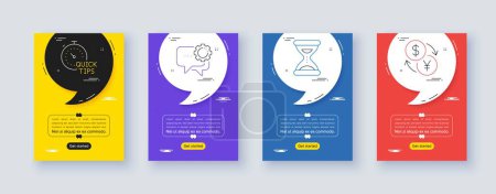 Illustration for Set of Quick tips, Time and Employees messenger line icons. Poster offer frame with quote, comma. Include Currency exchange icons. For web, application. Helpful tricks, Clock, Speech bubble. Vector - Royalty Free Image