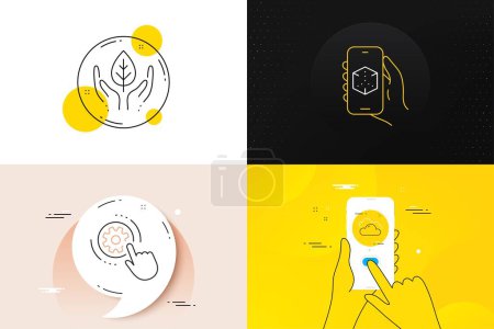 Illustration for Minimal set of Cloudy weather, 3d app and Cogwheel settings line icons. Phone screen, Quote banners. Fair trade icons. For web development. Sky climate, 3d technology, Engineering tool. Vector - Royalty Free Image