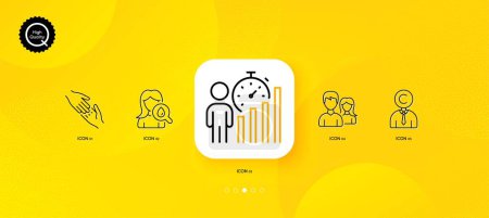 Illustration for Helping hand, Moisturizing cream and Couple minimal line icons. Yellow abstract background. Business statistics, Copyrighter icons. For web, application, printing. Vector - Royalty Free Image