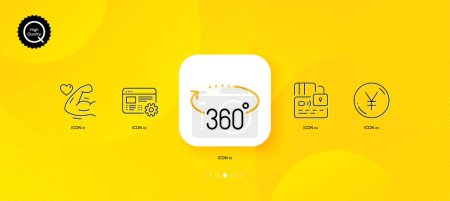 Illustration for Web settings, 360 degrees and Strong arm minimal line icons. Yellow abstract background. Card, Yen money icons. For web, application, printing. Engineering tool, Full rotation, Muscle biceps. Vector - Royalty Free Image