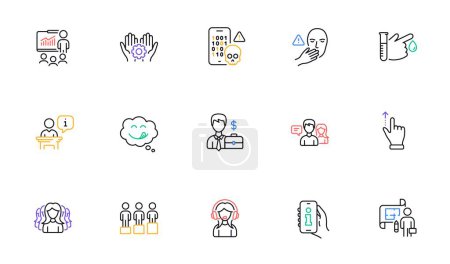 Illustration for Equity, Info app and Women group line icons for website, printing. Collection of Touchscreen gesture, Cyber attack, Yummy smile icons. Blood donation, People talking, Support web elements. Vector - Royalty Free Image