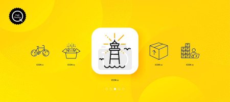 Illustration for Bicycle, Package and Inventory minimal line icons. Yellow abstract background. Packing boxes, Lighthouse icons. For web, application, printing. Bike, Delivery pack, Goods operator. Vector - Royalty Free Image