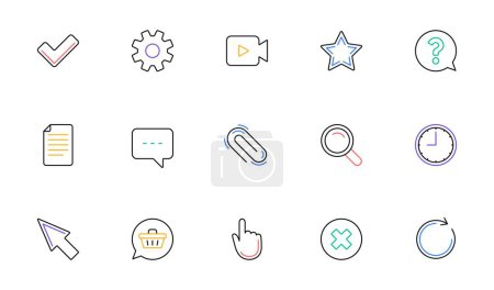 Illustration for Document, Time and Question mark line icons. Search, Video camera and Check mark. Linear icon set. Bicolor outline web elements. Vector - Royalty Free Image