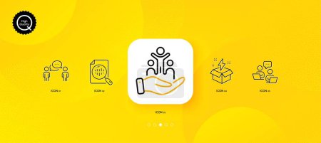 Illustration for Consulting business, Teamwork and Inclusion minimal line icons. Yellow abstract background. Analytics chart, Creative idea icons. For web, application, printing. Vector - Royalty Free Image