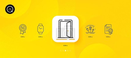 Illustration for Certificate, Open door and Fireworks rocket minimal line icons. Yellow abstract background. Smartwatch, 5g technology icons. For web, application, printing. Vector - Royalty Free Image