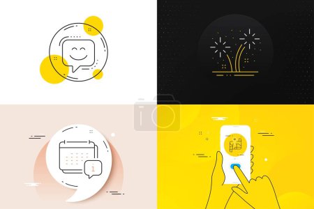 Illustration for Minimal set of Calendar, Smile face and Fireworks line icons. Phone screen, Quote banners. Map icons. For web development. Schedule info, Chat, Pyrotechnic salute. Journey road. Vector - Royalty Free Image