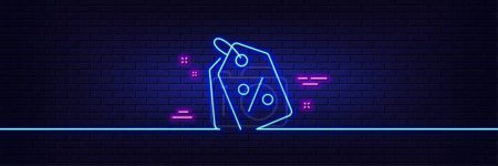 Illustration for Neon light glow effect. Shopping tags line icon. Special offer sign. Discount coupons symbol. 3d line neon glow icon. Brick wall banner. Discount tags outline. Vector - Royalty Free Image