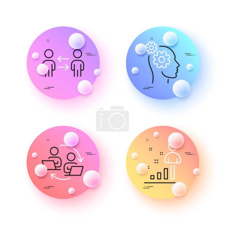 Illustration for Teamwork business, Stats and Thoughts minimal line icons. 3d spheres or balls buttons. Teamwork process icons. For web, application, printing. Collaboration, Business analysis, Remote work. Vector - Royalty Free Image
