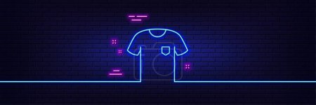 Illustration for Neon light glow effect. T-shirt line icon. Tee shirt wear sign. Fabric sport clothes symbol. 3d line neon glow icon. Brick wall banner. T-shirt outline. Vector - Royalty Free Image