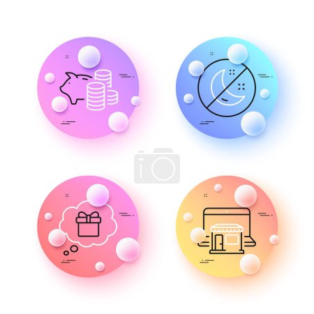 Illustration for Insomnia, Gift dream and Marketplace minimal line icons. 3d spheres or balls buttons. Piggy bank icons. For web, application, printing. Stop sleep, Receive a gift, Online shop. Vector - Royalty Free Image