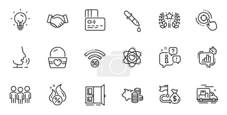 Illustration for Outline set of Handshake, Chemistry pipette and Atom line icons for web application. Talk, information, delivery truck outline icon. Include Card, Energy, Ice cream icons. Vector - Royalty Free Image