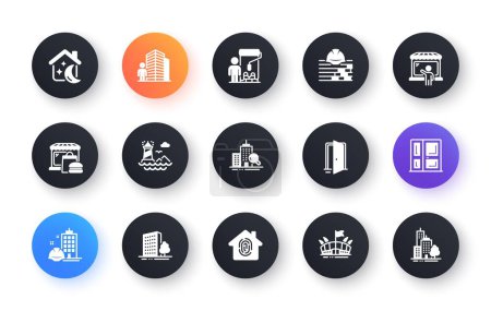 Illustration for Minimal set of Fingerprint access, Buildings and Arena flat icons for web development. Entrance, Open door, Painter icons. Food market, Lighthouse, Construction building web elements. Vector - Royalty Free Image