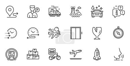Illustration for Outline set of Time schedule, Food delivery and Delivery time line icons for web application. Talk, information, delivery truck outline icon. Include Journey, Rocket, Lighthouse icons. Vector - Royalty Free Image