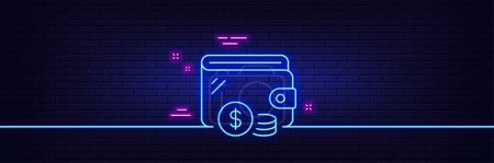 Illustration for Neon light glow effect. Wallet line icon. Dollar currency coins sign. Money trade symbol. 3d line neon glow icon. Brick wall banner. Wallet outline. Vector - Royalty Free Image