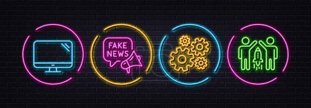 Illustration for Fake news, Computer and Cogwheel minimal line icons. Neon laser 3d lights. Partnership icons. For web, application, printing. Wrong fact, Pc component, Engineering tool. Business startup. Vector - Royalty Free Image