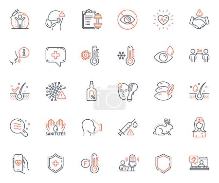 Healthcare icons set. Included icon as Dont handshake, Animal tested and Pillow web elements. Skin condition, Electronic thermometer, Medical mask icons. Medical help. Vector